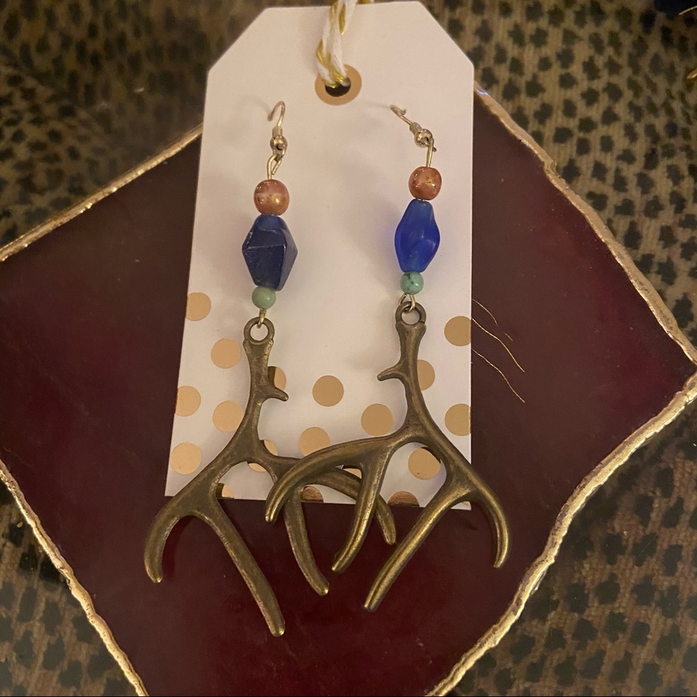Antler Earrings Blue Stone